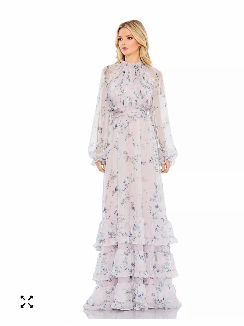 Mac Duggal Lavender Floral Long-Sleeve Ruffle Tiered Maxi Dress